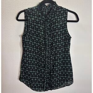Banana Republic Petite S Sleeveless Ruffle Blouse Black Green Geo Print
